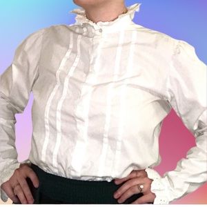 Vintage 80s 90s white Vera Bradley button down high neck lace cuffs blouse shirt